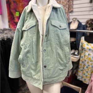 Elan Green and White Teddy Jacket Oversized Fit